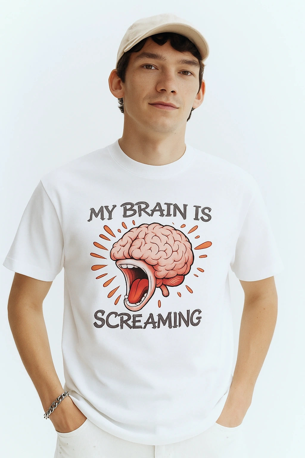 Wolffoxx White "My Brain Is Screaming" Relaxed Fit T-Shirt