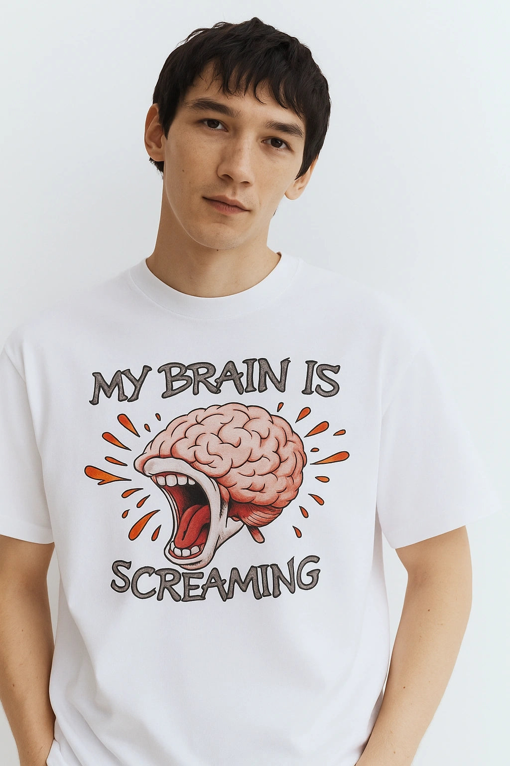Wolffoxx White "My Brain Is Screaming" Relaxed Fit T-Shirt