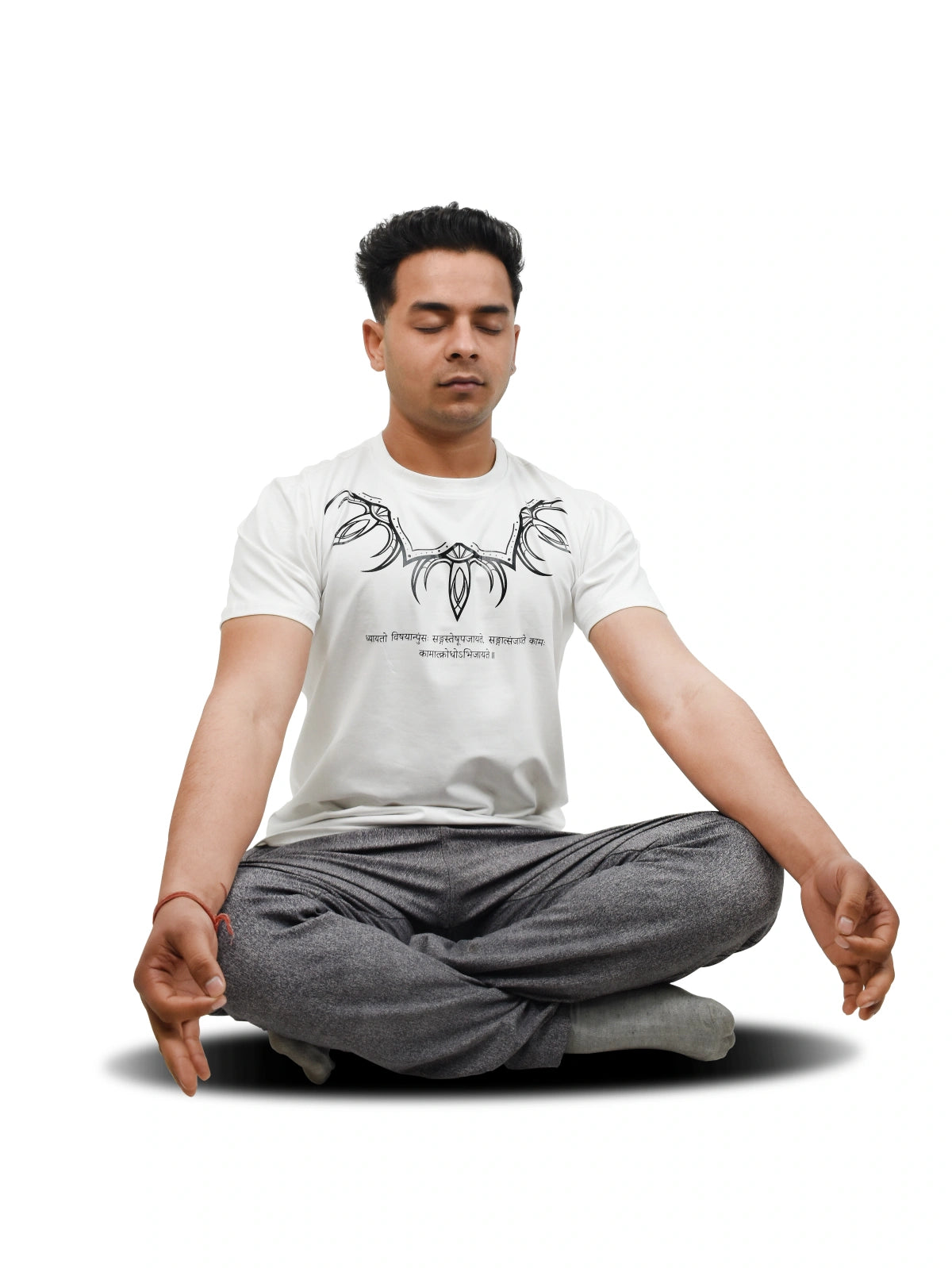 Wolffoxx Off-White Tribal Collar & Sanskrit Shloka Graphic T-Shirt