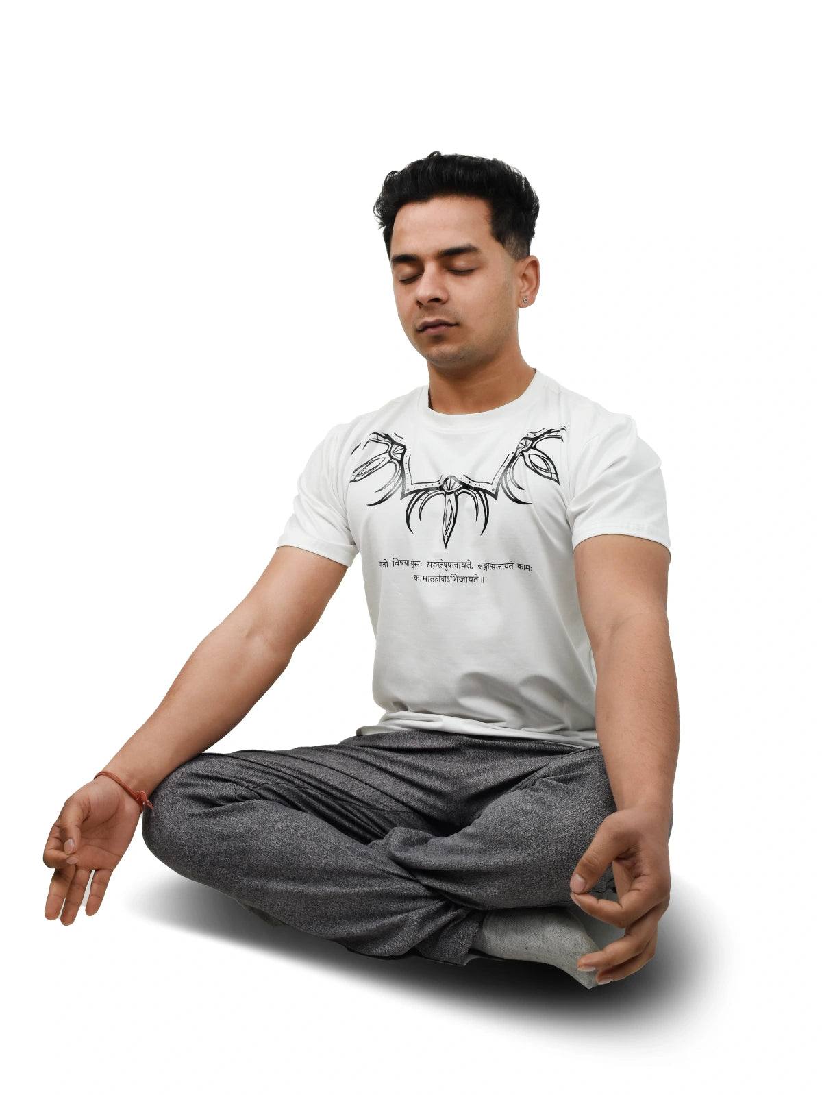 Wolffoxx Off-White Tribal Collar & Sanskrit Shloka Graphic T-Shirt