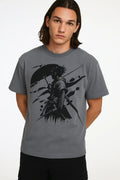 Wolffoxx Grey "Shadow Samurai" Anime Graphic Oversized T-Shirt