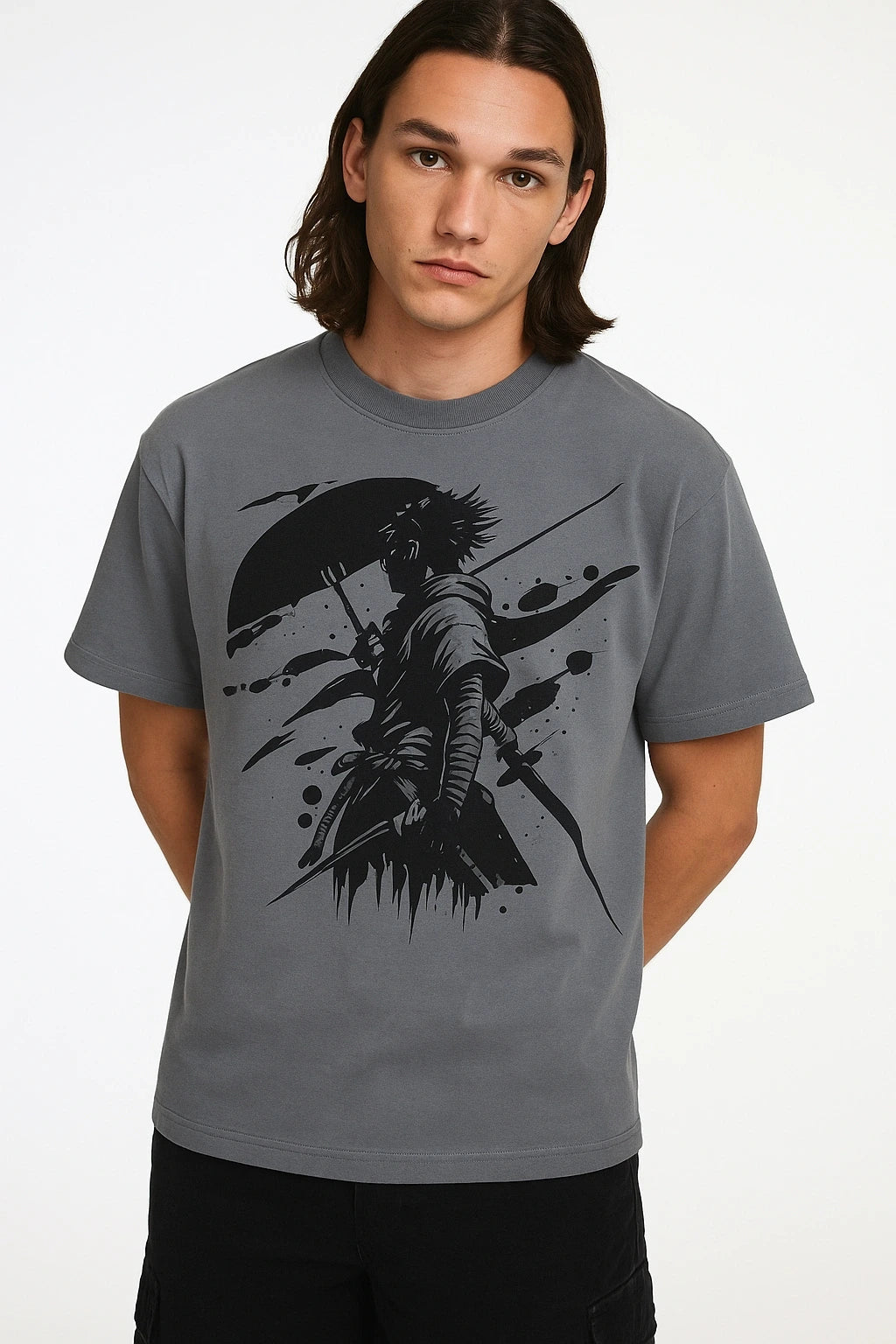 Wolffoxx Grey "Shadow Samurai" Anime Graphic Oversized T-Shirt