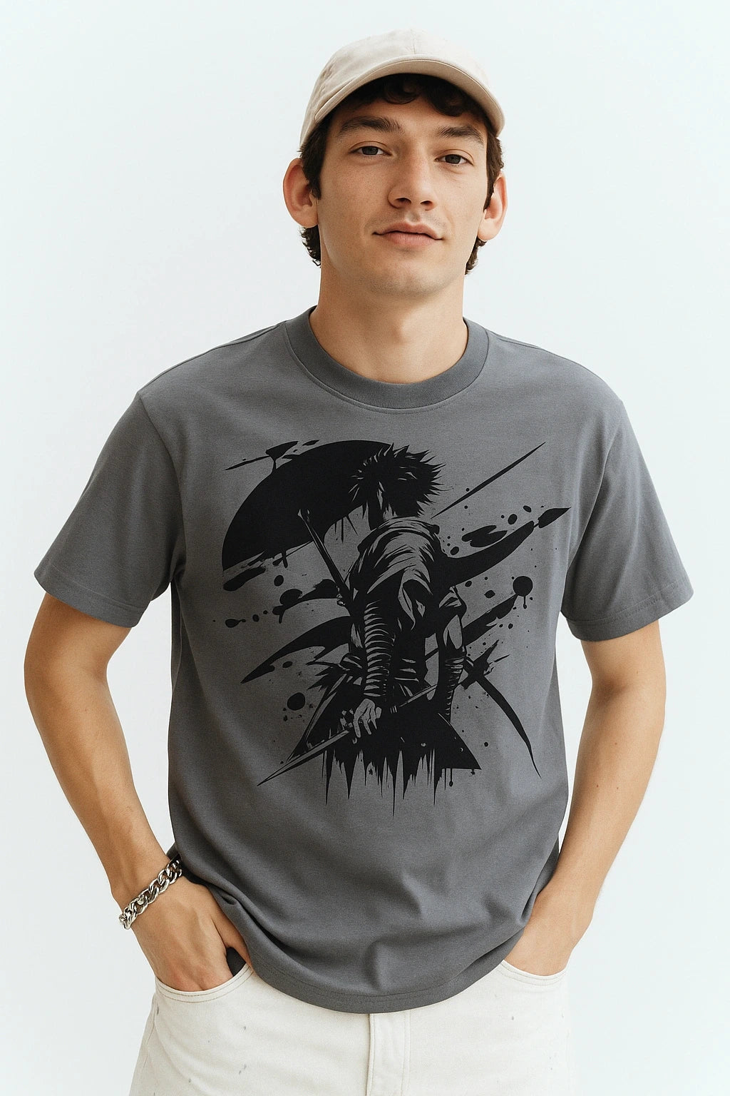 Wolffoxx Grey "Shadow Samurai" Anime Graphic Oversized T-Shirt