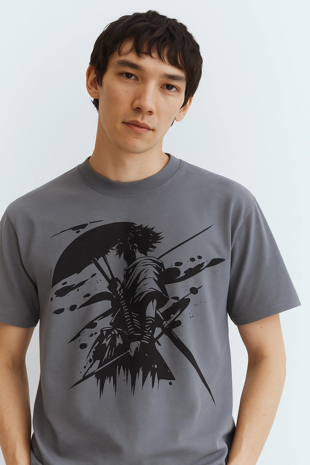Wolffoxx Grey "Shadow Samurai" Anime Graphic Oversized T-Shirt