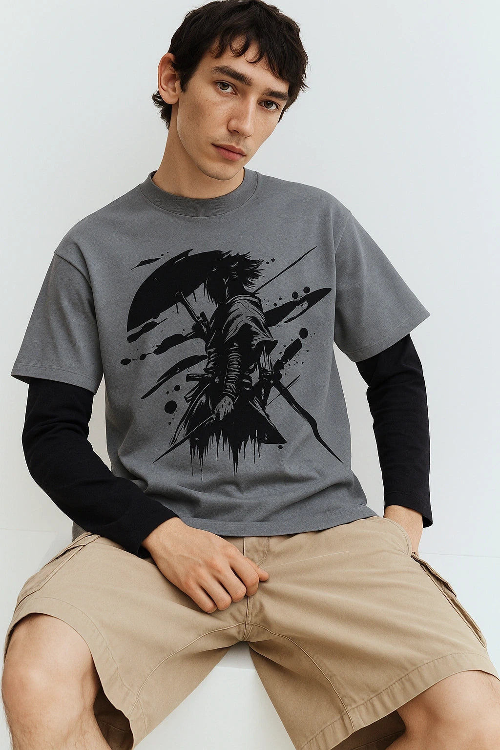 Wolffoxx Grey "Shadow Samurai" Anime Graphic Oversized T-Shirt