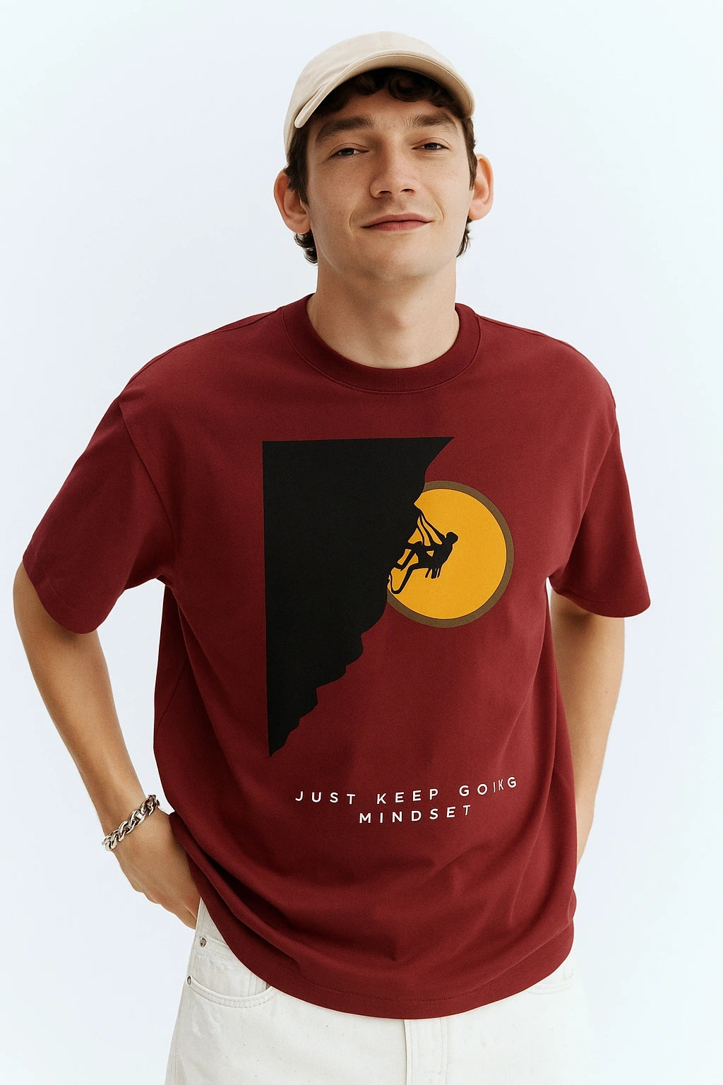 Wolffoxx Maroon "Just Keep Going" Graphic Oversized T-Shirt